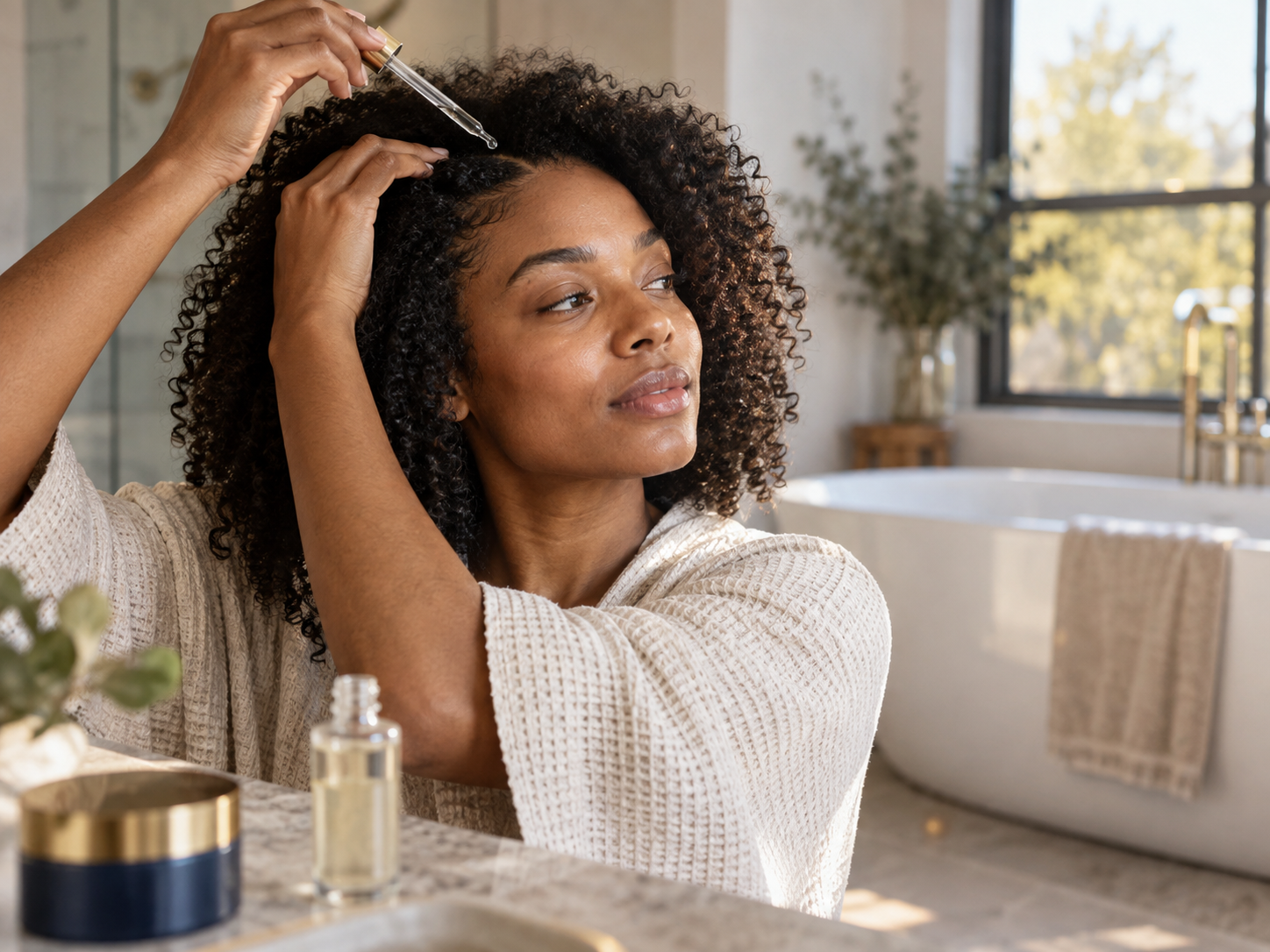 AI-generated editorial concept of a woman applying an unbranded scalp serum in a sunlit bathroom; not an actual GP Labs client or product.