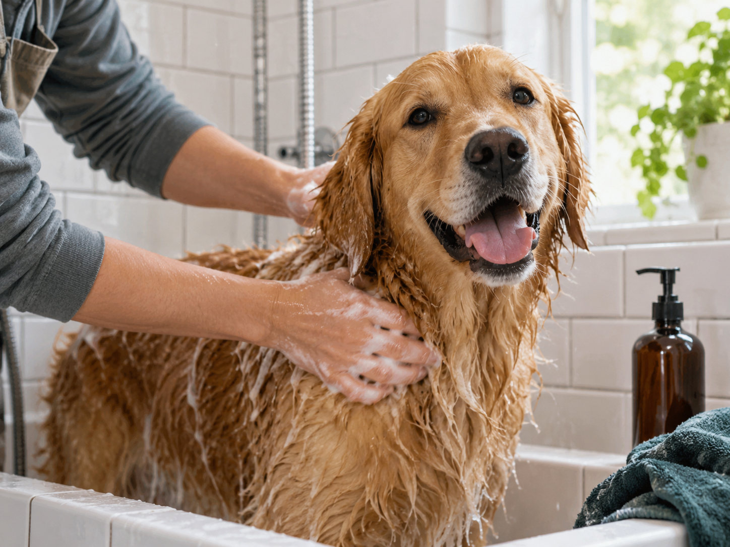 AI-generated lifestyle concept of a golden retriever being washed beside an unbranded grooming bottle; not an actual GP Labs client or product.