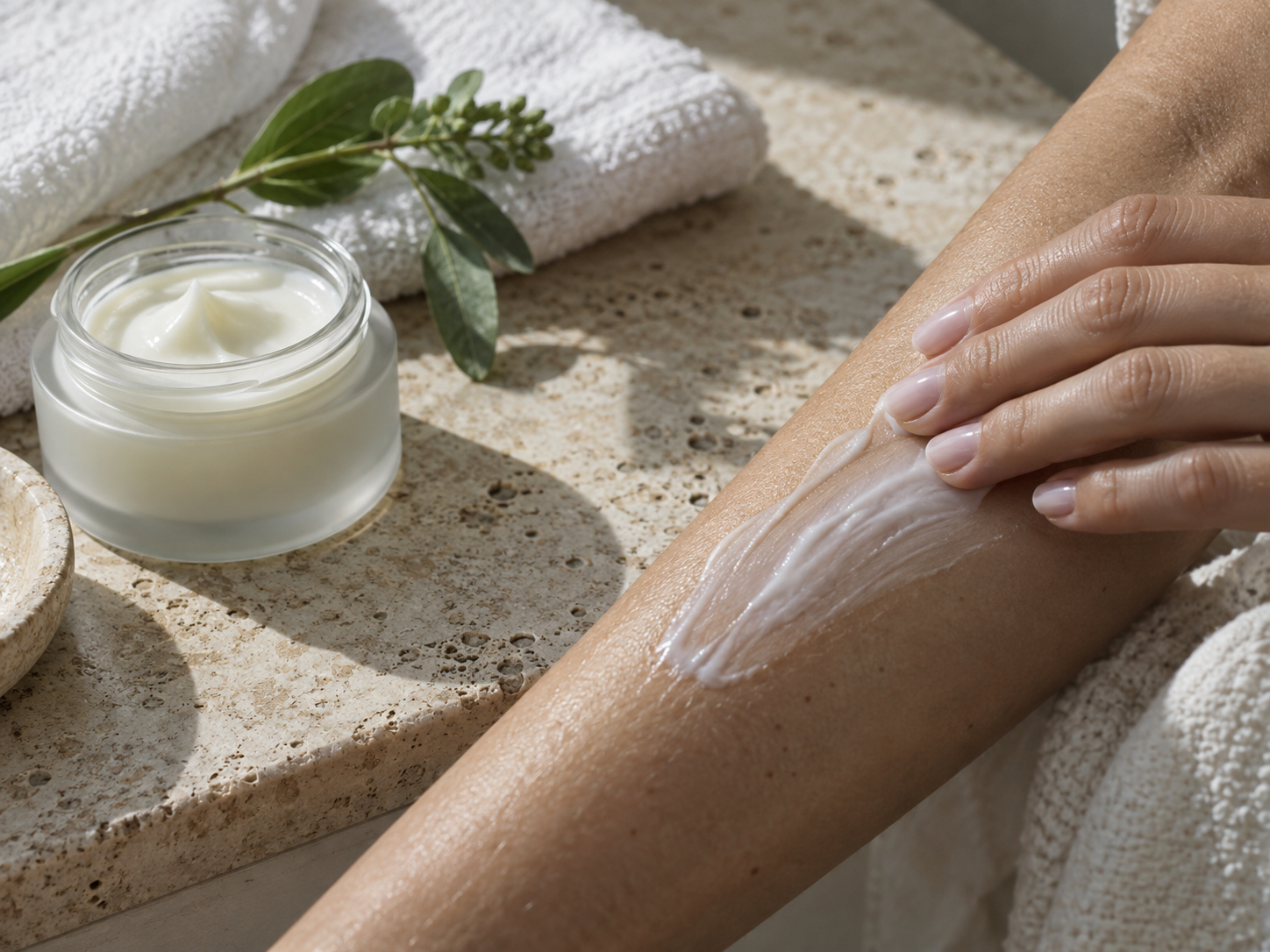 AI-generated editorial concept of moisturizer being applied beside an unbranded jar; not an actual GP Labs client or product.