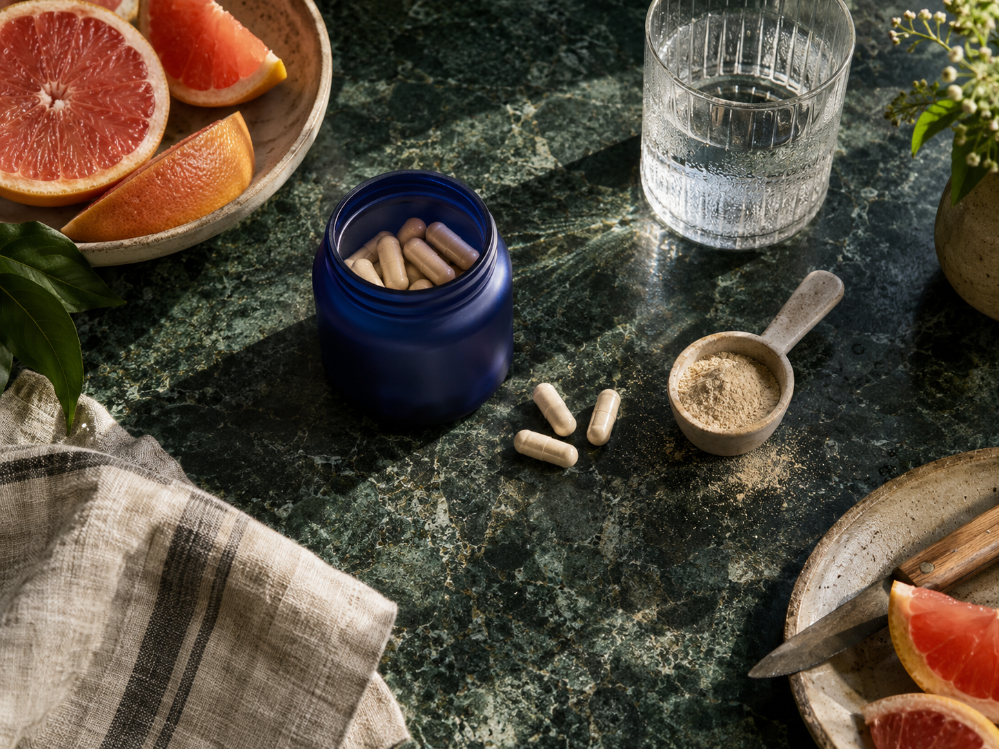 AI-generated overhead wellness concept with an unbranded supplement jar, capsules, powder, water, and grapefruit; not an actual GP Labs product.
