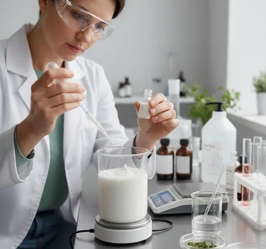 Hands developing a cosmetic formulation in a laboratory, from the GP Labs website.