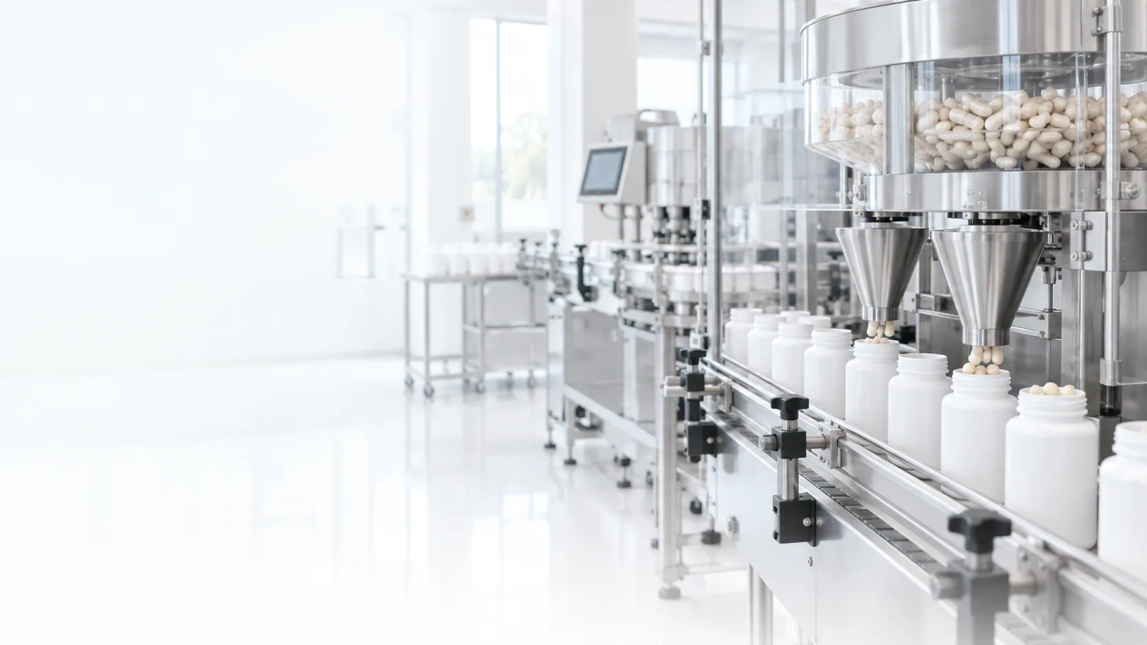 AI-generated supplement production concept: white bottles on a conveyor beneath stainless steel capsule-filling equipment in a bright white facility. Not a photograph of GP Labs facilities.