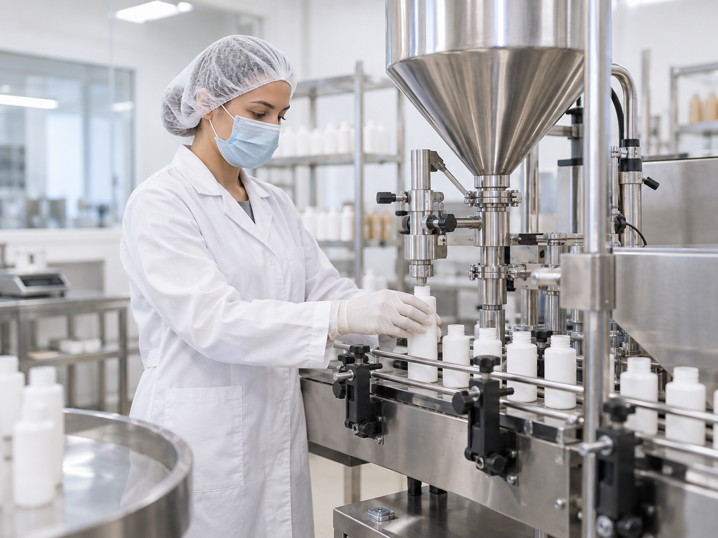 AI-generated concept of a technician operating product filling equipment; not a GP Labs facility photograph.